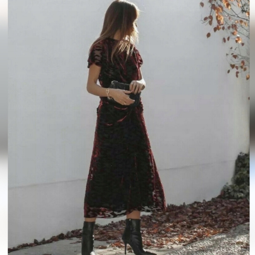 Limited Edition Zara Velvet & Mulberry Silk Midi Dress Burgundy & Black Small